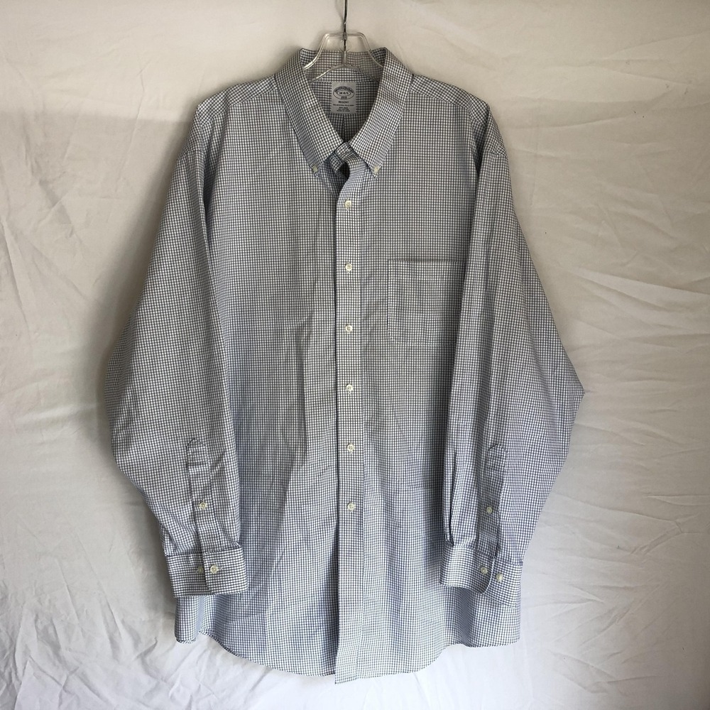 Brooks Brothers Shirt Mens 18 34/35 Blue Check 1818 Regent Non-Iron Cotton Dress
